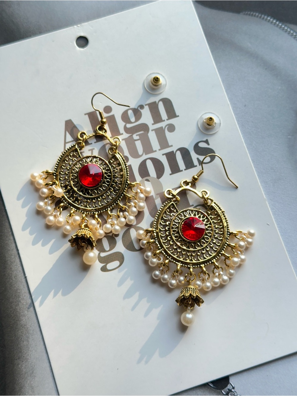 Gold Filigree Hoop Earrings with Red Gem and Pearls - Women Jewelry